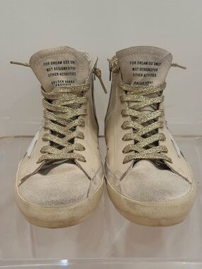 Golden Goose Cream Francy Suede High-Top Sneakers with Gold Metallic Laces